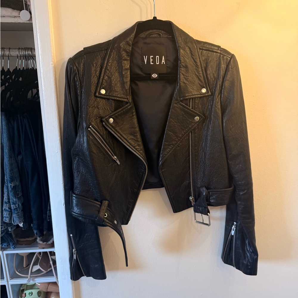 Veda Black Leather Moto Jacket Asymmetrical Design